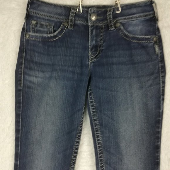 Silver Womens Jeans Suki Surplus Boot Cut Denim Blue Flap Pocket‎ Dark Short 28S - Picture 3 of 12